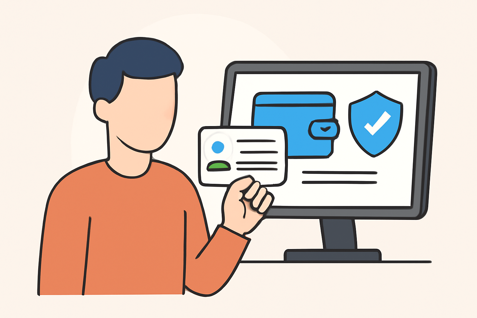 A person holding up an ID card in front of a computer screen, with a digital wallet app open and a shield icon for security.