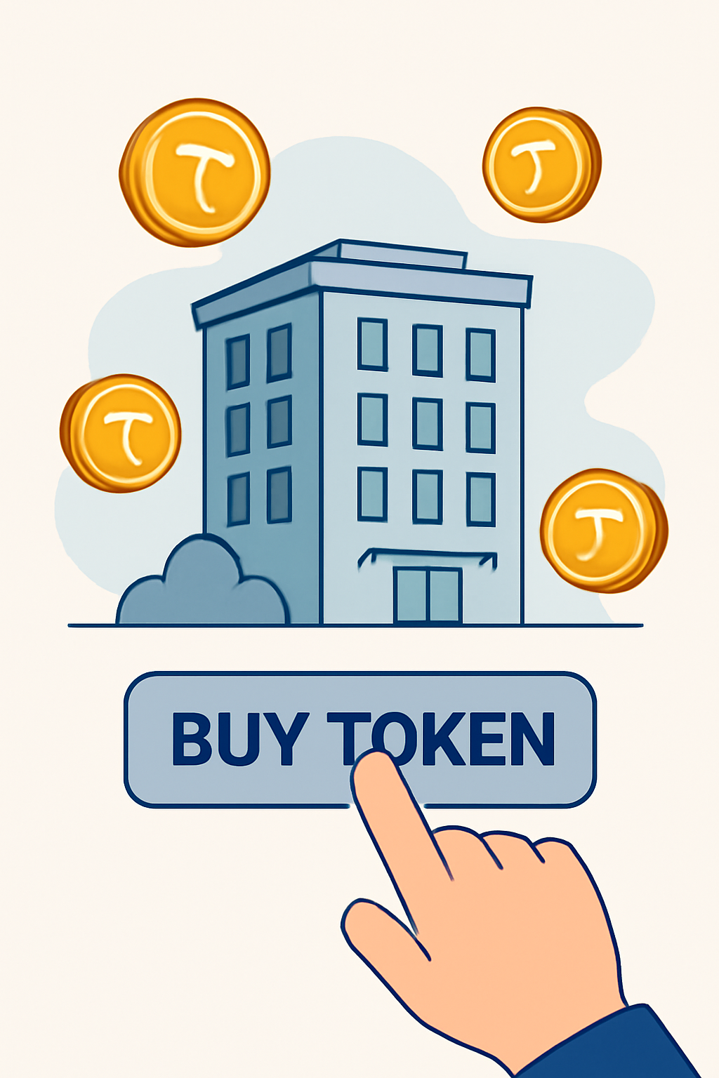 A hand clicking a 'Buy Token' button on a digital platform, with floating tokens and a real estate building in the background.