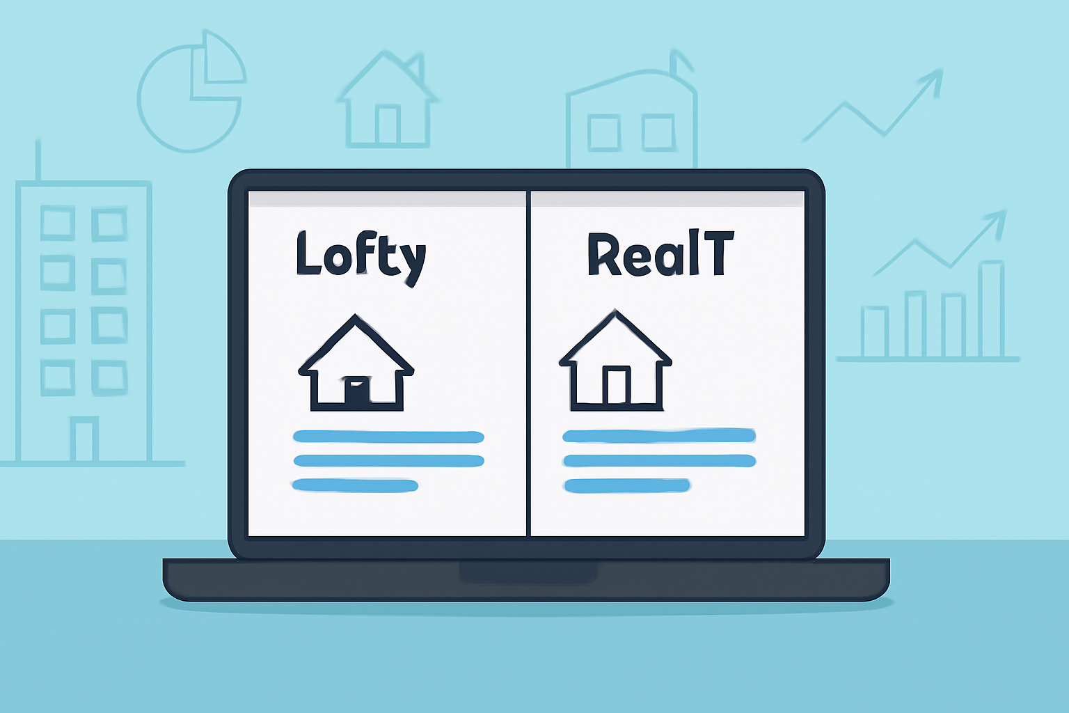 A modern laptop displaying the Lofty and RealT websites side by side, with digital real estate icons and charts in the background.