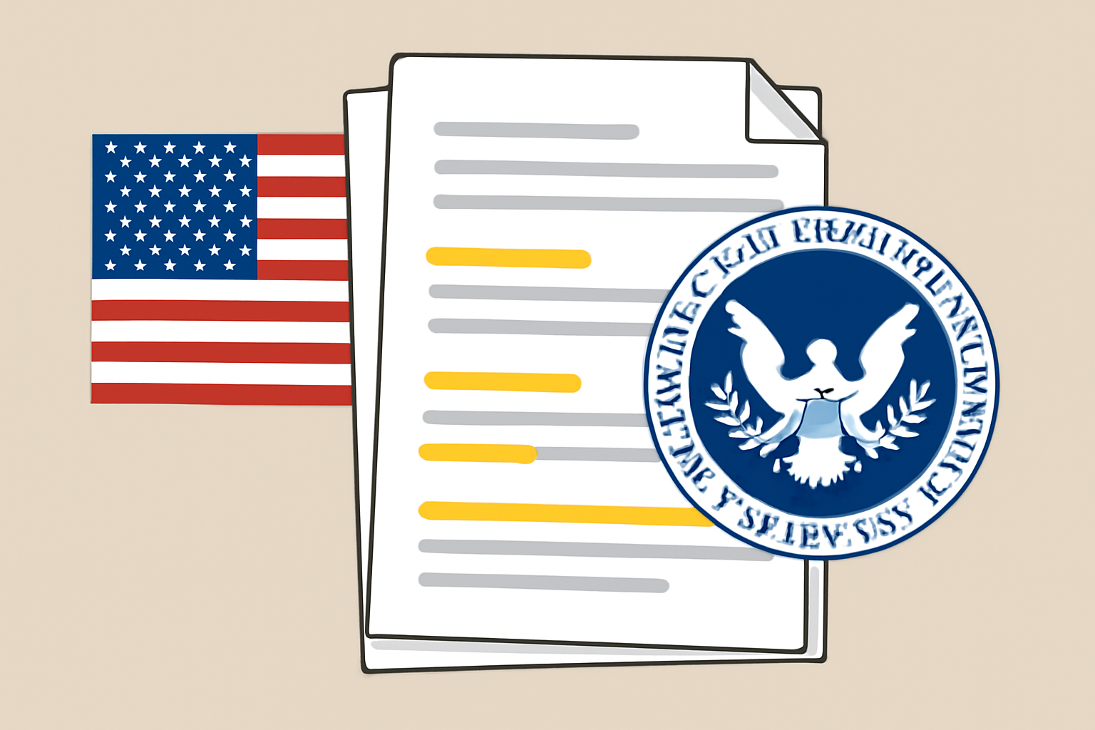A stack of legal documents with highlighted sections, a U.S. flag, and a digital SEC logo overlay.
