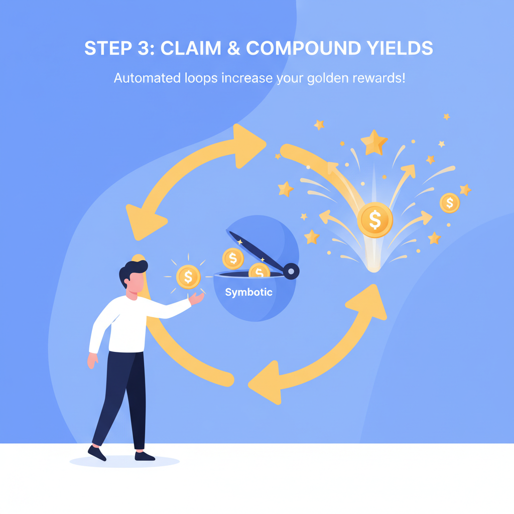 user claiming glowing reward tokens from Symbiotic vault, compounding arrows looping, golden yields exploding