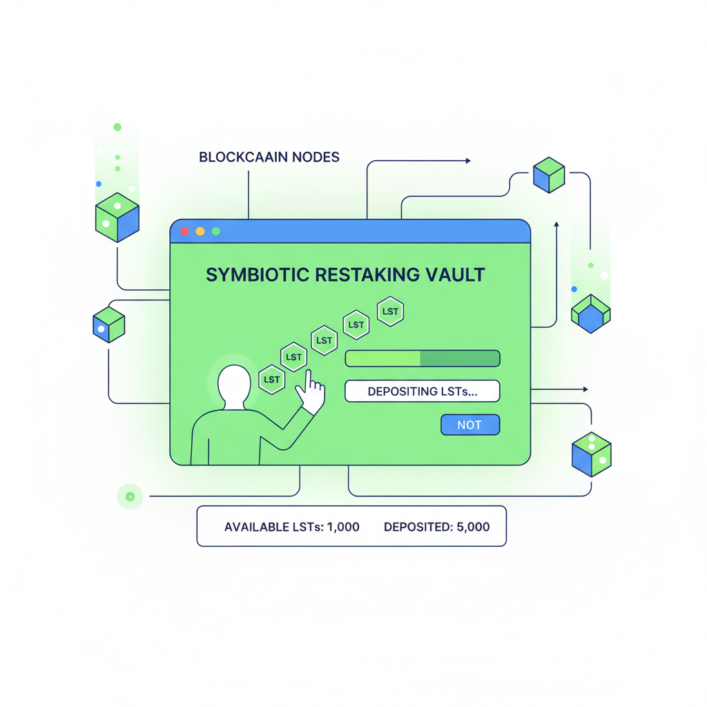 user depositing LSTs into Symbiotic restaking vault interface, blockchain nodes connecting, vibrant greens