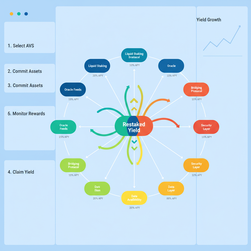 diversified AVS portfolio chart on restaking dashboard, colorful nodes interconnected, upward yield arrows