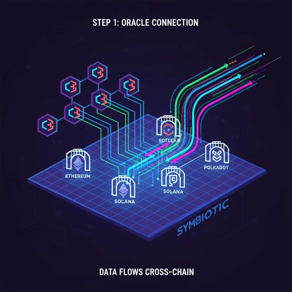 Chainlink oracle nodes linking to bridge icons on Symbiotic platform, data streams flowing cross-chain, cyberpunk style