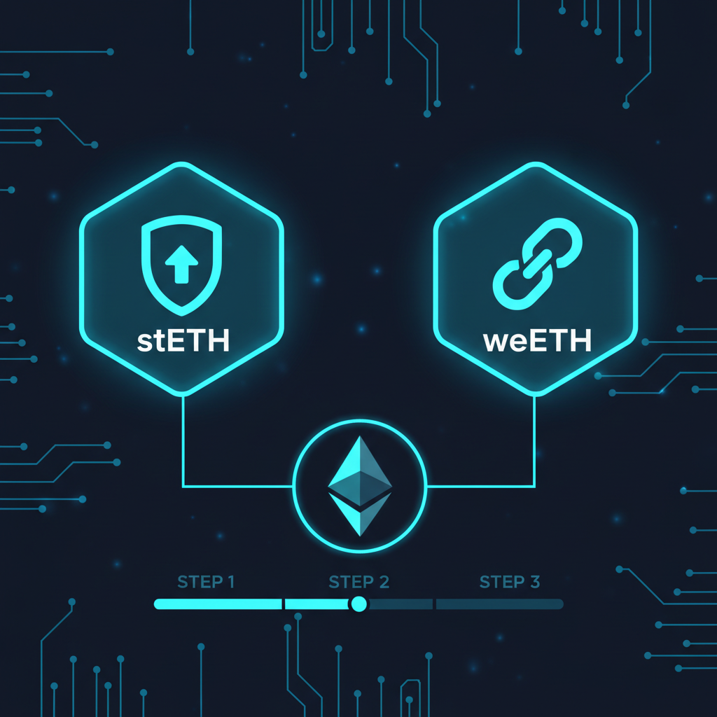 glowing liquid staking tokens icons stETH weETH on Ethereum blockchain dashboard, futuristic neon blues