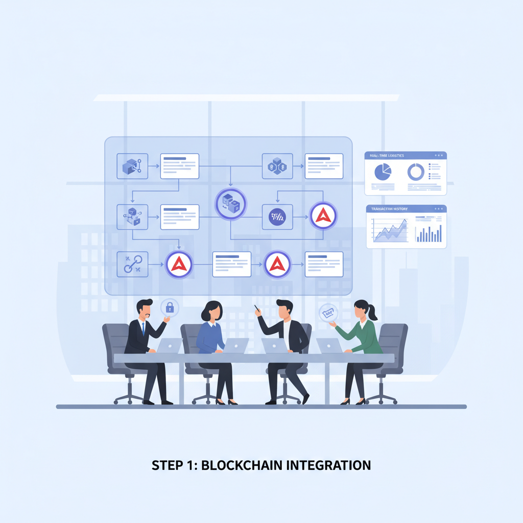 professional team in boardroom analyzing supply chain flowchart with blockchain icons, data dashboards, Avalanche logo, modern office