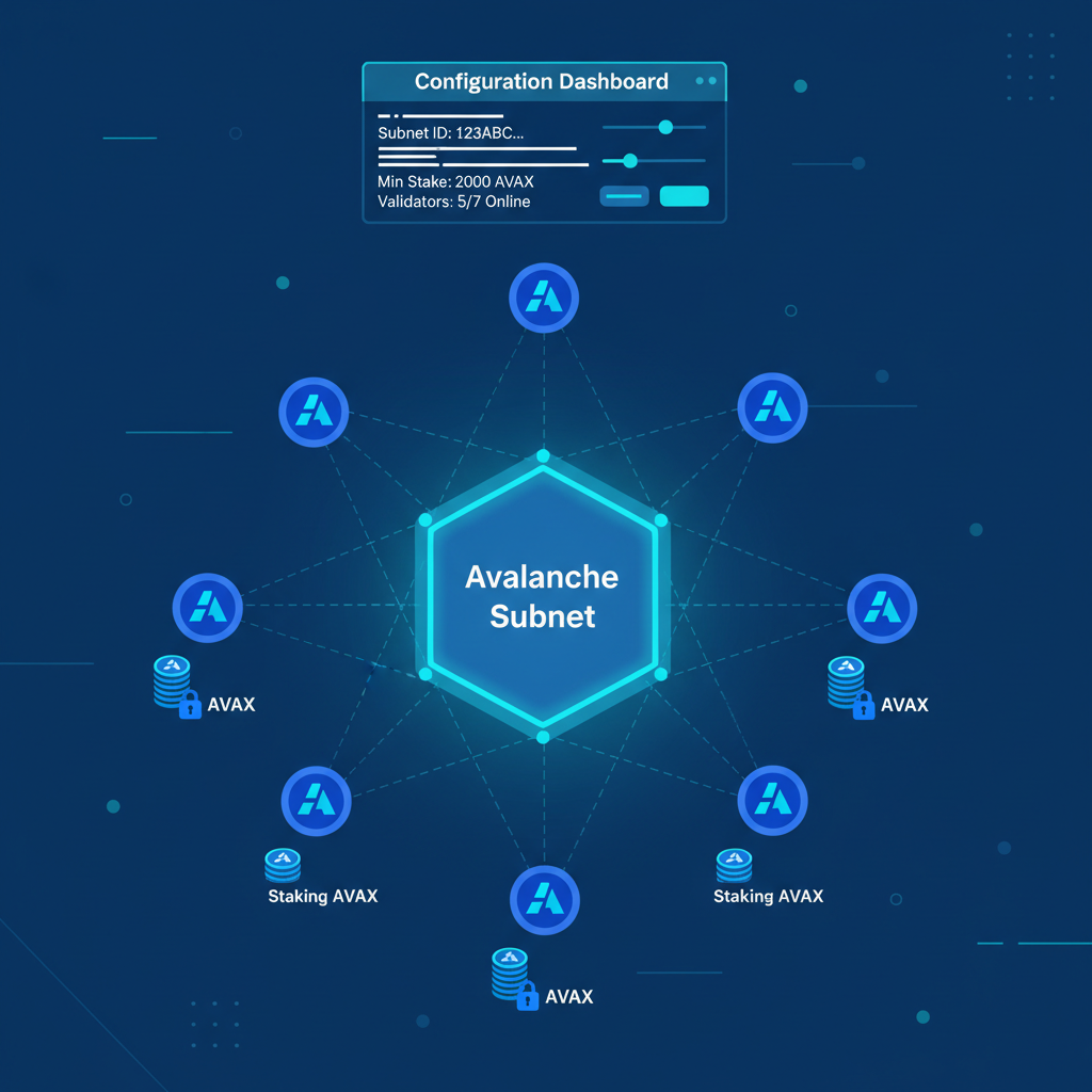network diagram of Avalanche subnet validators connecting, staking AVAX icons, configuration dashboard, cyber blue tones