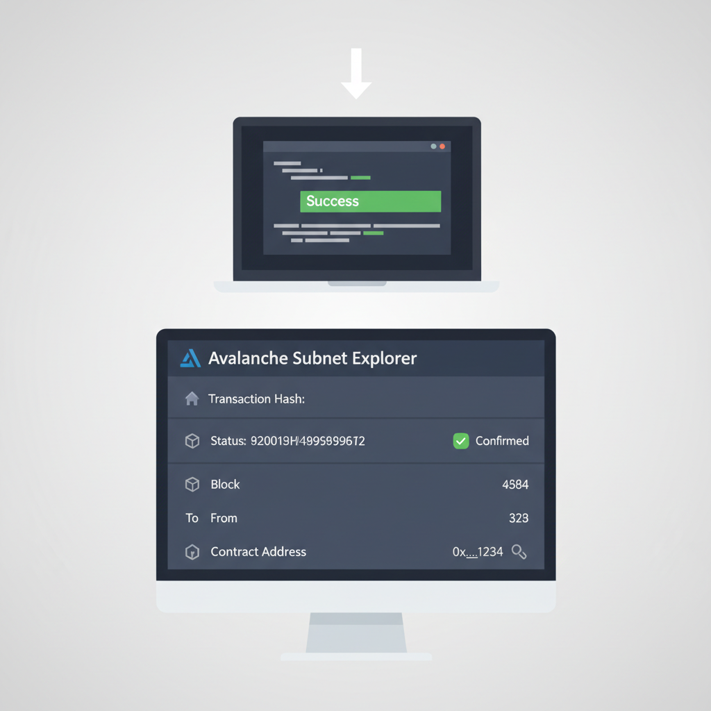 developer deploying Solidity smart contract on Avalanche subnet, code terminal success message, blockchain explorer view