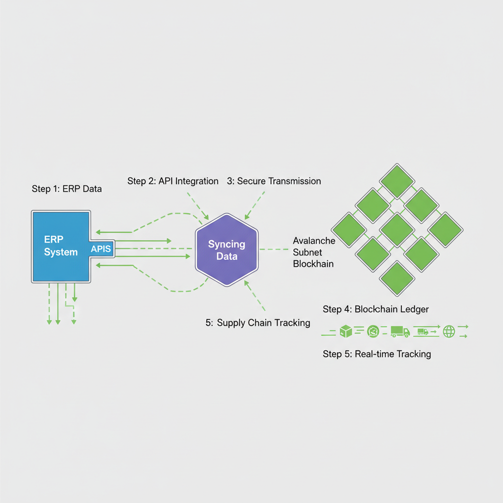 Futuristic diagram of ERP system APIs syncing data to Avalanche Subnet blockchain for supply chain tracking