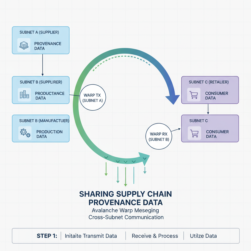 Cross-subnet Warp Messaging flow diagram with arrows sharing supply chain provenance data on Avalanche network