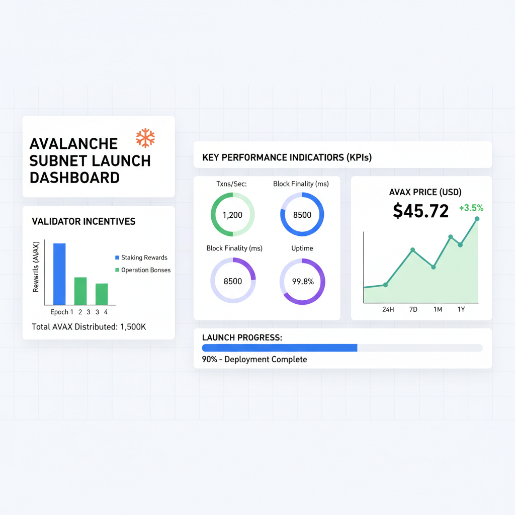 Launch dashboard of Avalanche Subnet with validator incentives, KPIs, and AVAX price chart