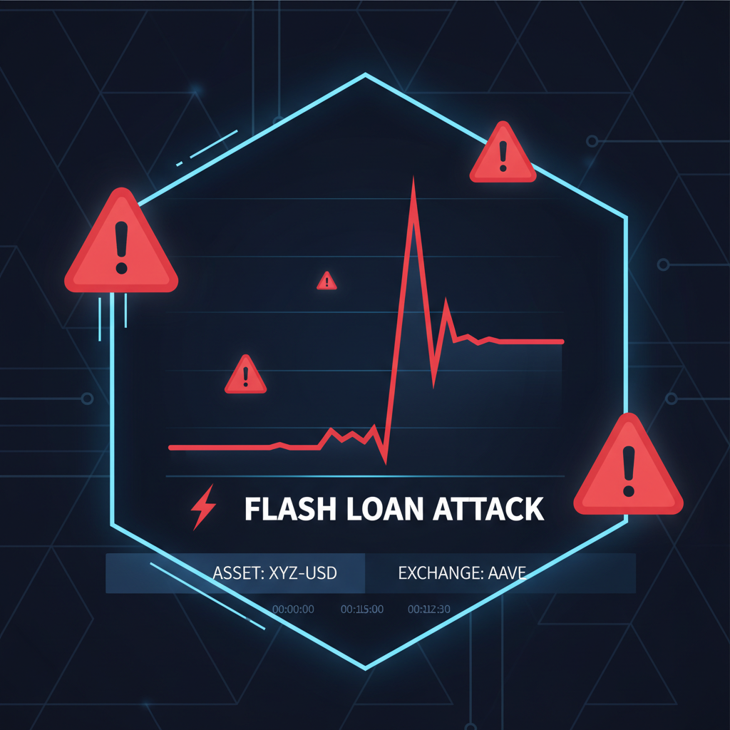 data visualization of DeFi price anomaly graph spiking with flash loan attack, red alerts, dark tech theme