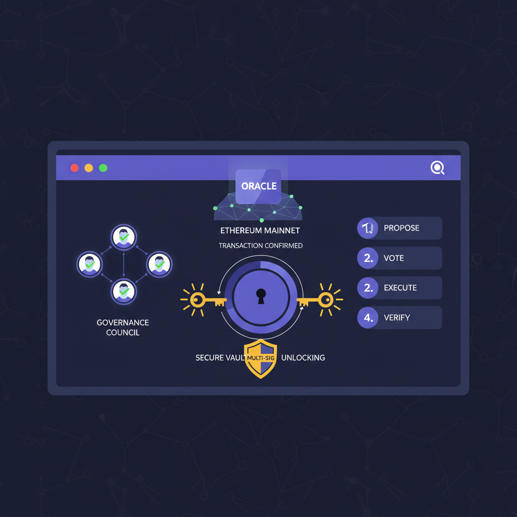multi-sig governance dashboard deploying oracle on Ethereum mainnet, secure vault unlocking, golden keys and shields