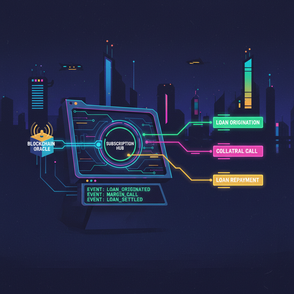 blockchain oracle subscribing to DeFi loan events, futuristic dashboard with glowing event streams, cyberpunk style