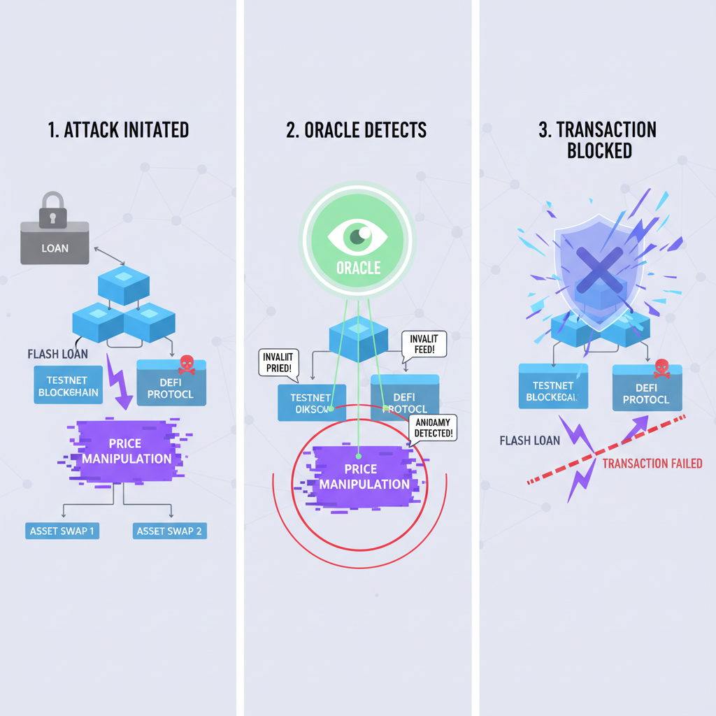 simulation of flash loan attack on testnet blockchain, oracle detecting and blocking, holographic code breaking