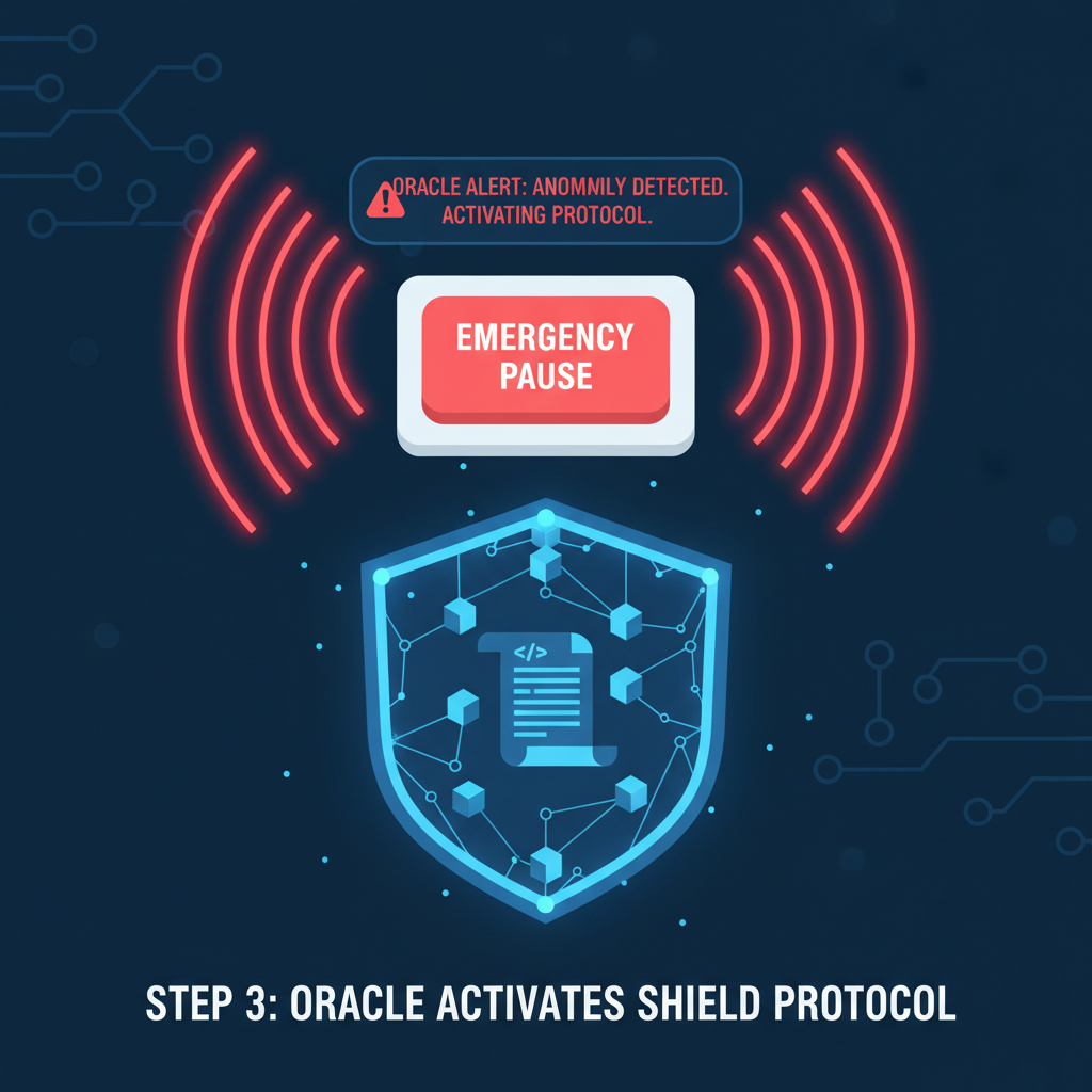smart contract emergency pause button activated by oracle alert, blockchain shield deploying, neon red warning lights