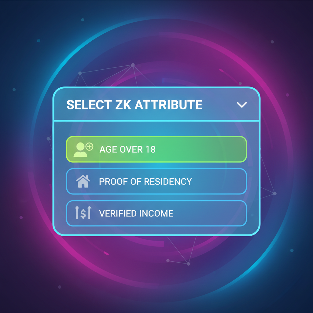 UI dropdown selecting ZK attribute like age over 18, vibrant gradients, sci-fi interface