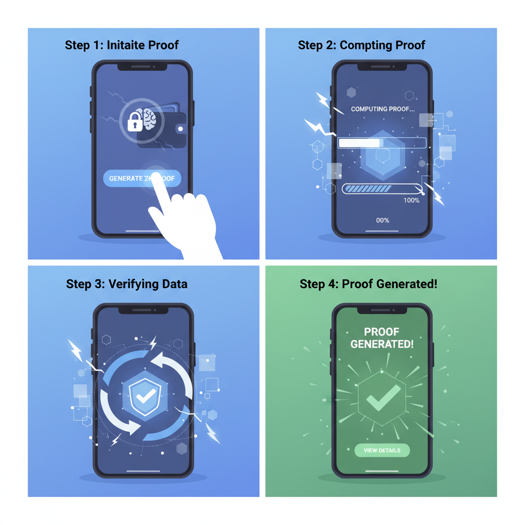 ZK proof generation animation in wallet app, lightning effects, progress bar, high-tech