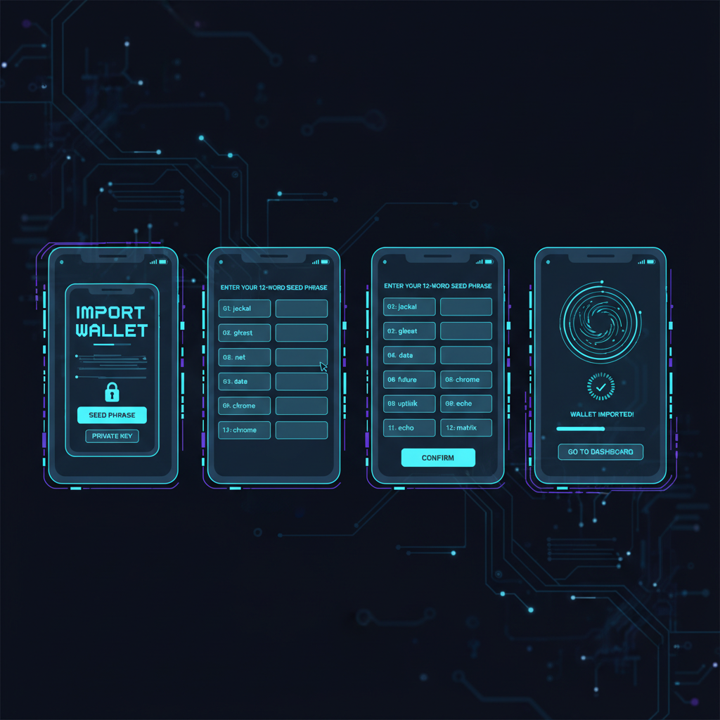 futuristic mobile wallet app importing seed phrase, neon blue UI, cyberpunk style