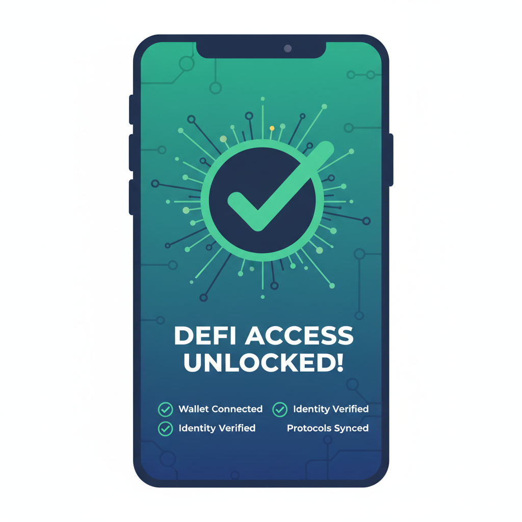 success verification screen in wallet with DeFi access unlocked, green checkmarks, explosive graphics
