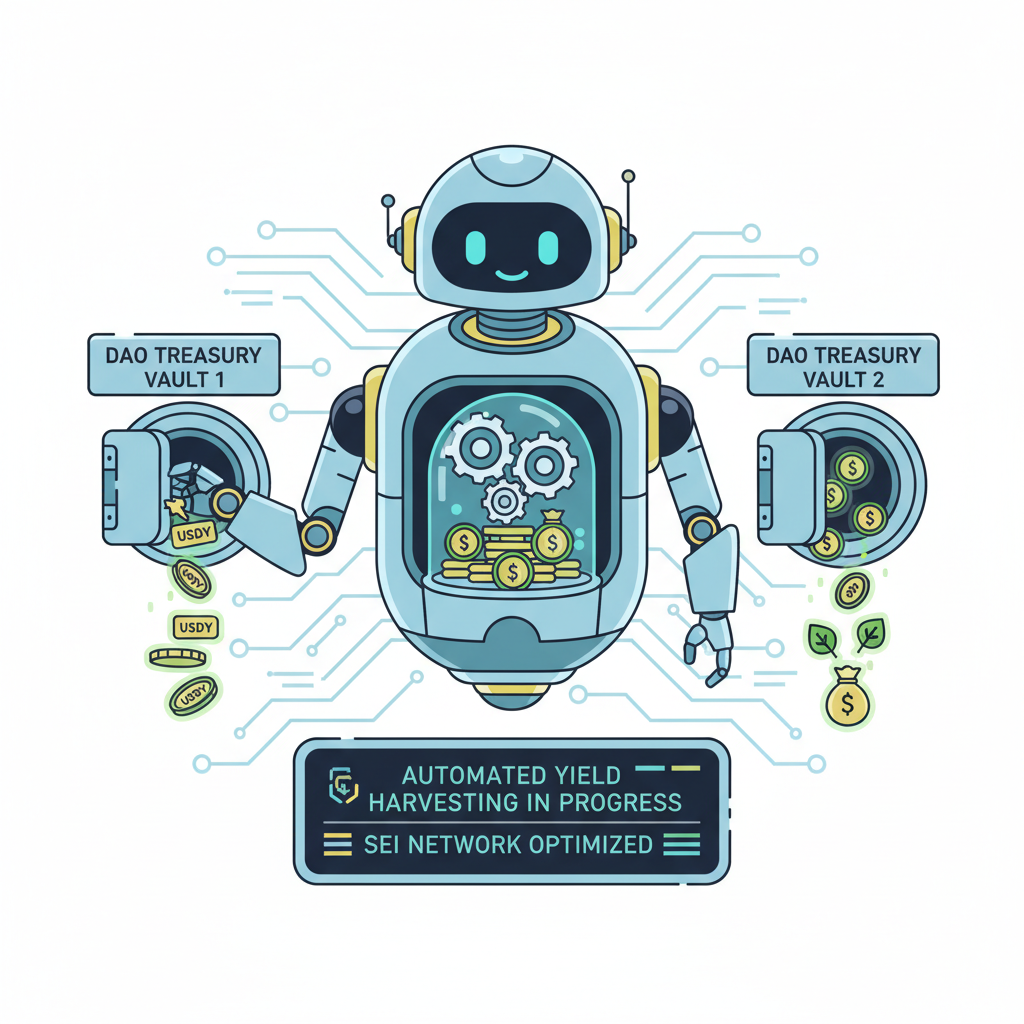 automation bot rebalancing DAO treasury vaults with USDY on Sei, gears turning, yields harvesting automatically, futuristic