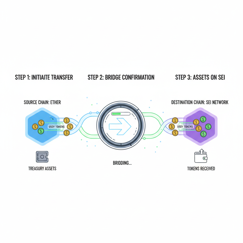 cross-chain bridge animation transferring USDY tokens to Sei network, glowing portals, treasury assets flowing, high-tech