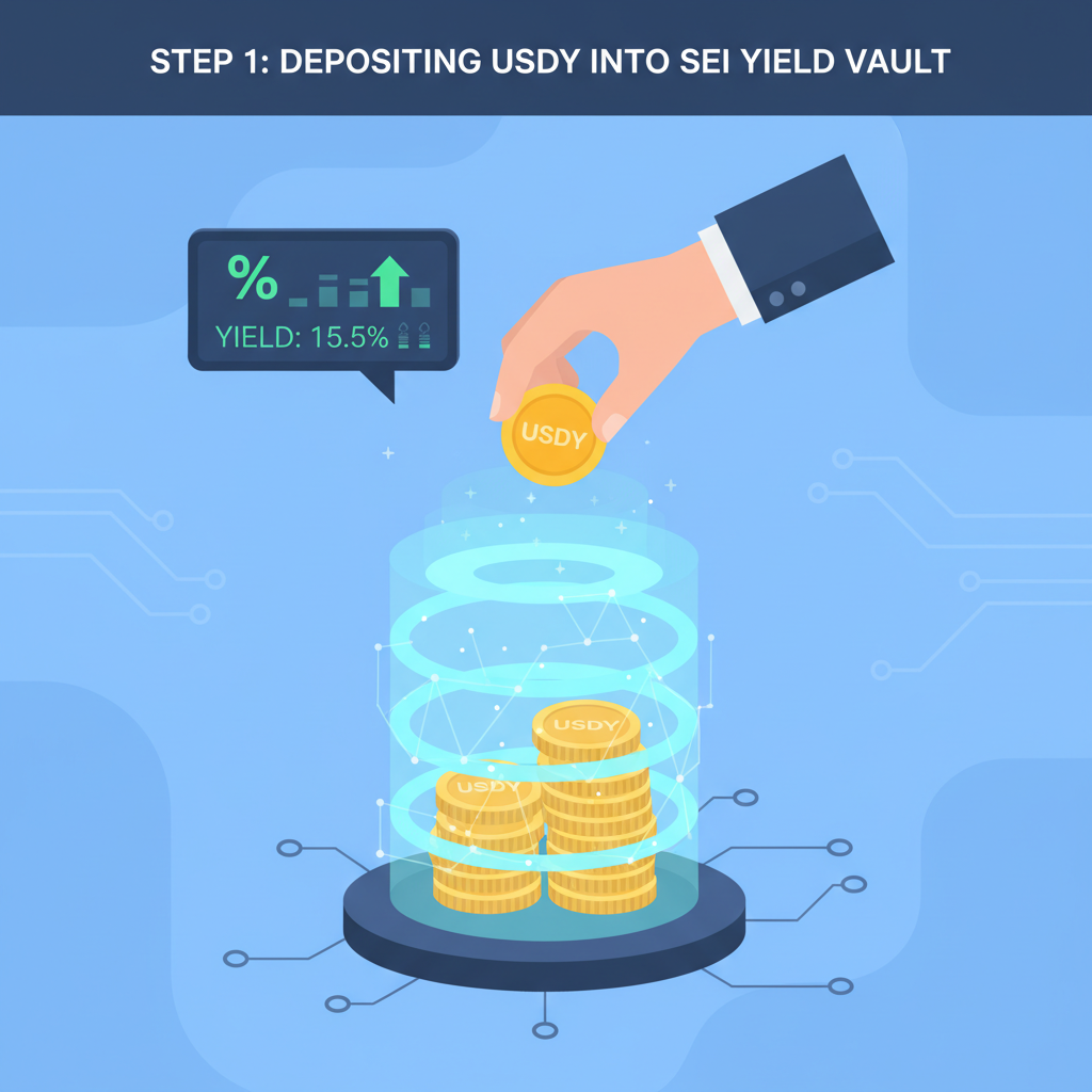 depositing USDY tokens into glowing yield vault on Sei, coins stacking, yield percentage rising, strategic finance visual