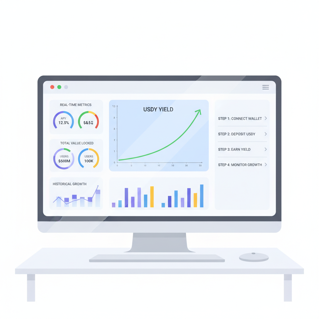 monitoring dashboard with USDY yield charts, real-time metrics, graphs showing growth, professional analytics screen