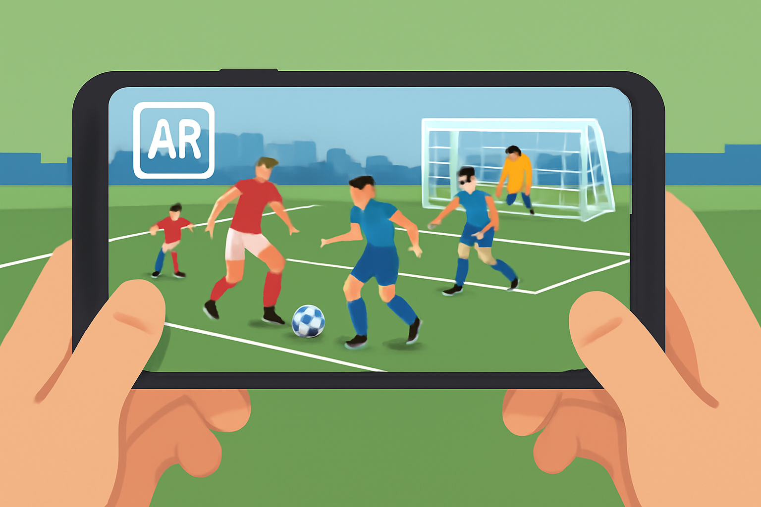 AR augmented reality soccer match view through phone overlay
