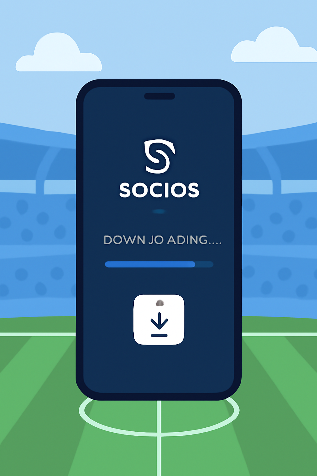 smartphone downloading Socios app with soccer stadium background