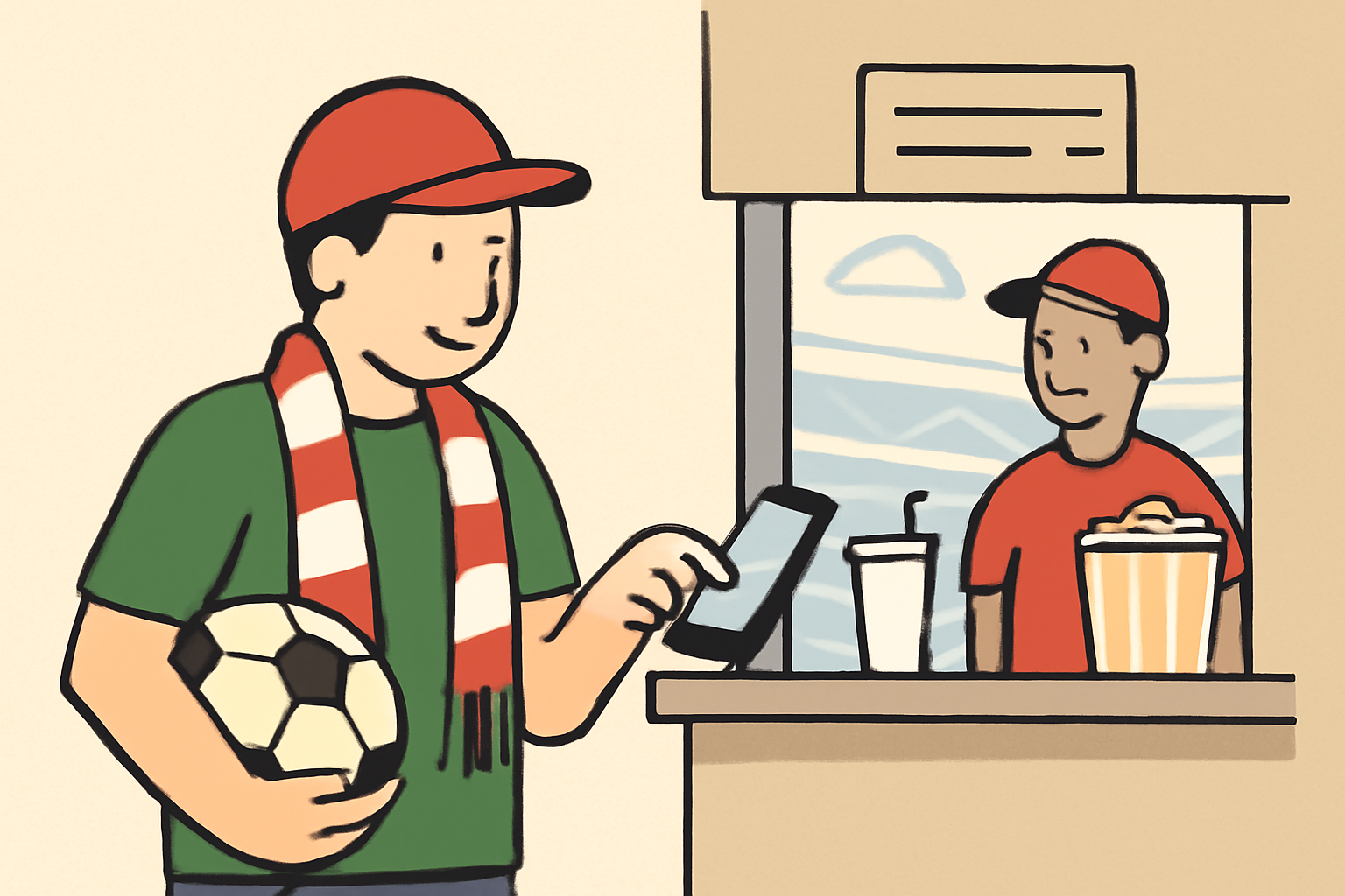 soccer fan tapping phone at stadium concession stand