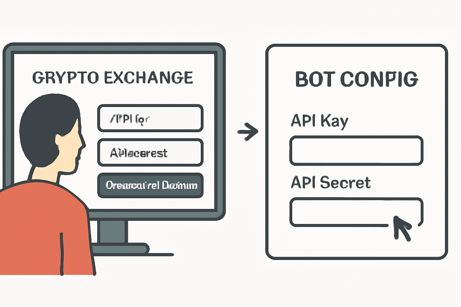 A user generating API keys on a crypto exchange website and entering them into a bot configuration file.