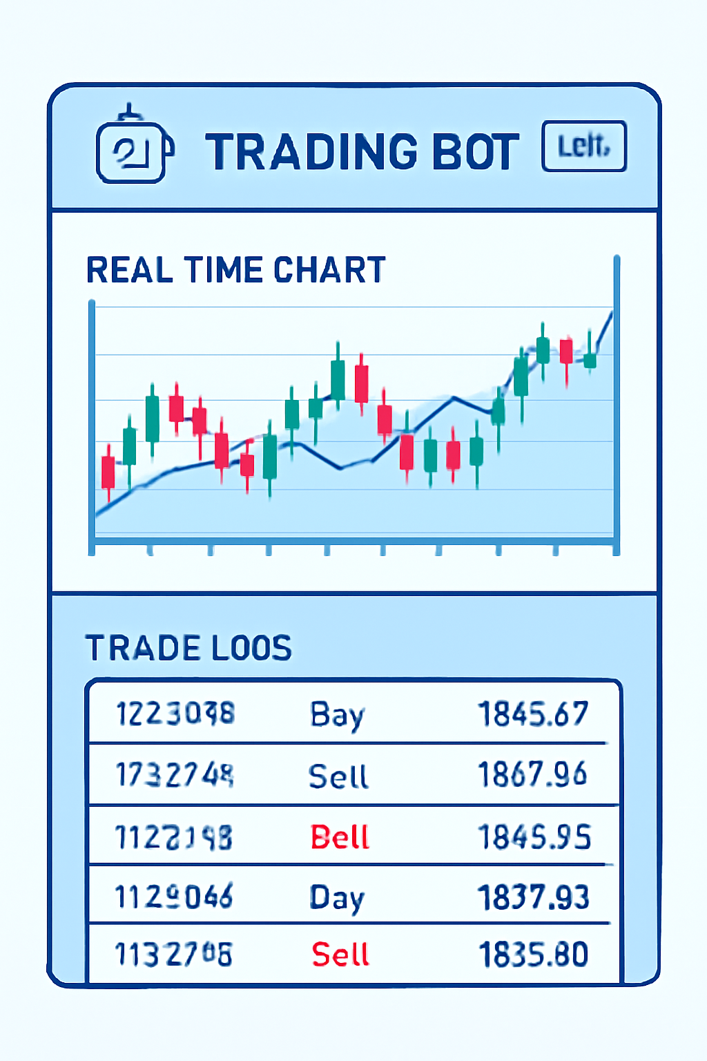 A dashboard showing a trading bot running live, with real-time charts and trade logs updating.