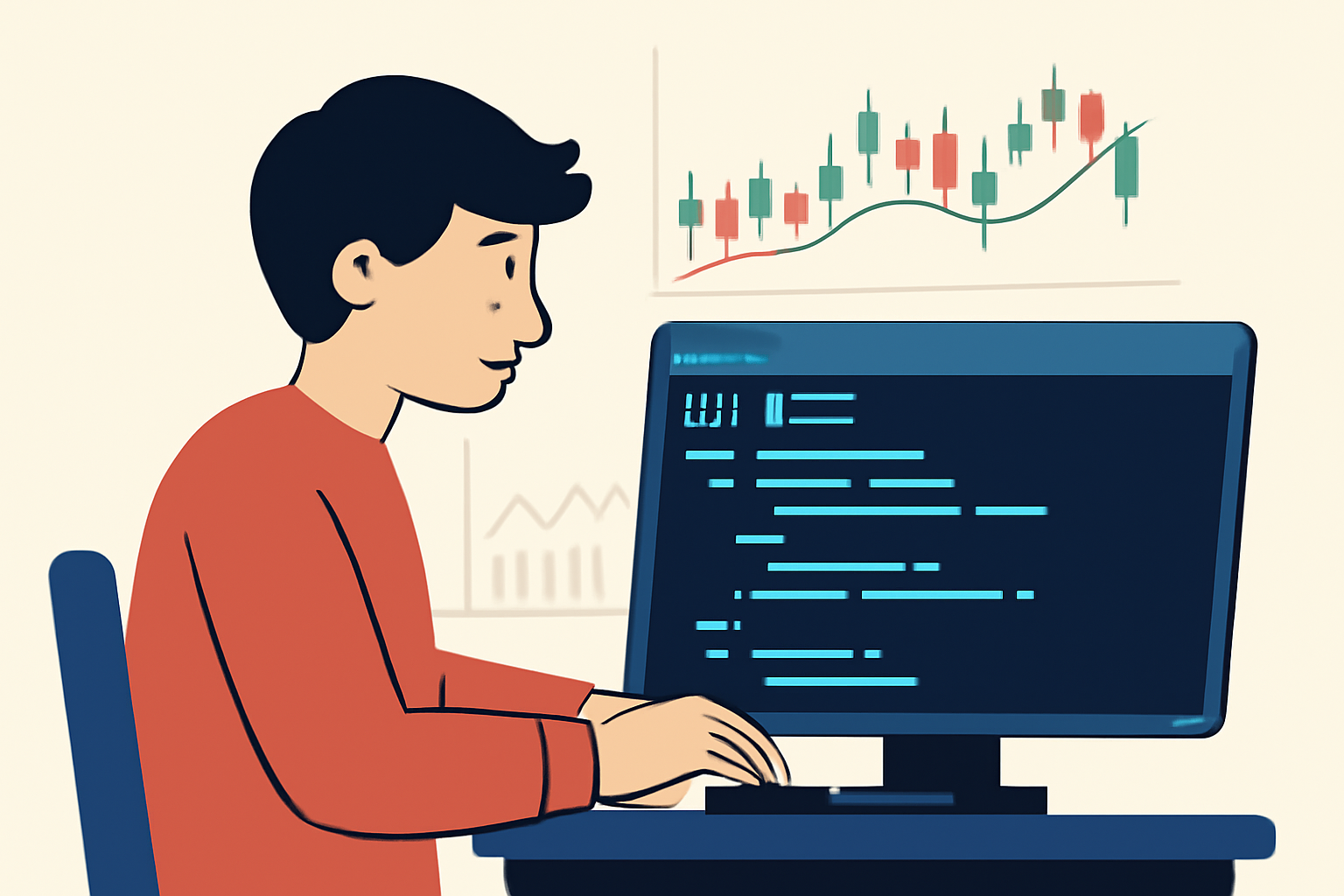 A developer writing trading strategy code in an editor, with charts and technical indicators in the background.