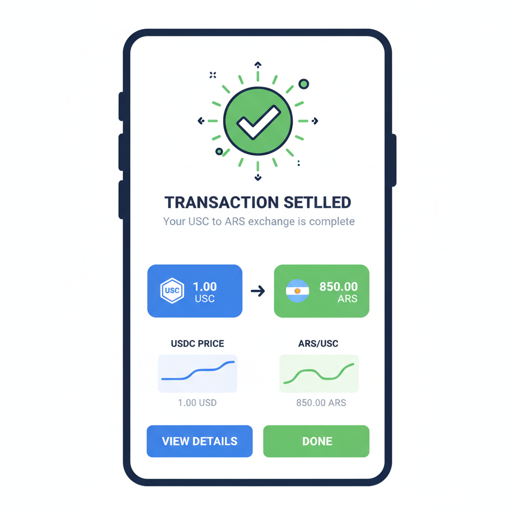 confirmation screen in P2P.me app showing settled USDC to ARS transaction, success animation, charts with $1.00 USDC price, professional dashboard