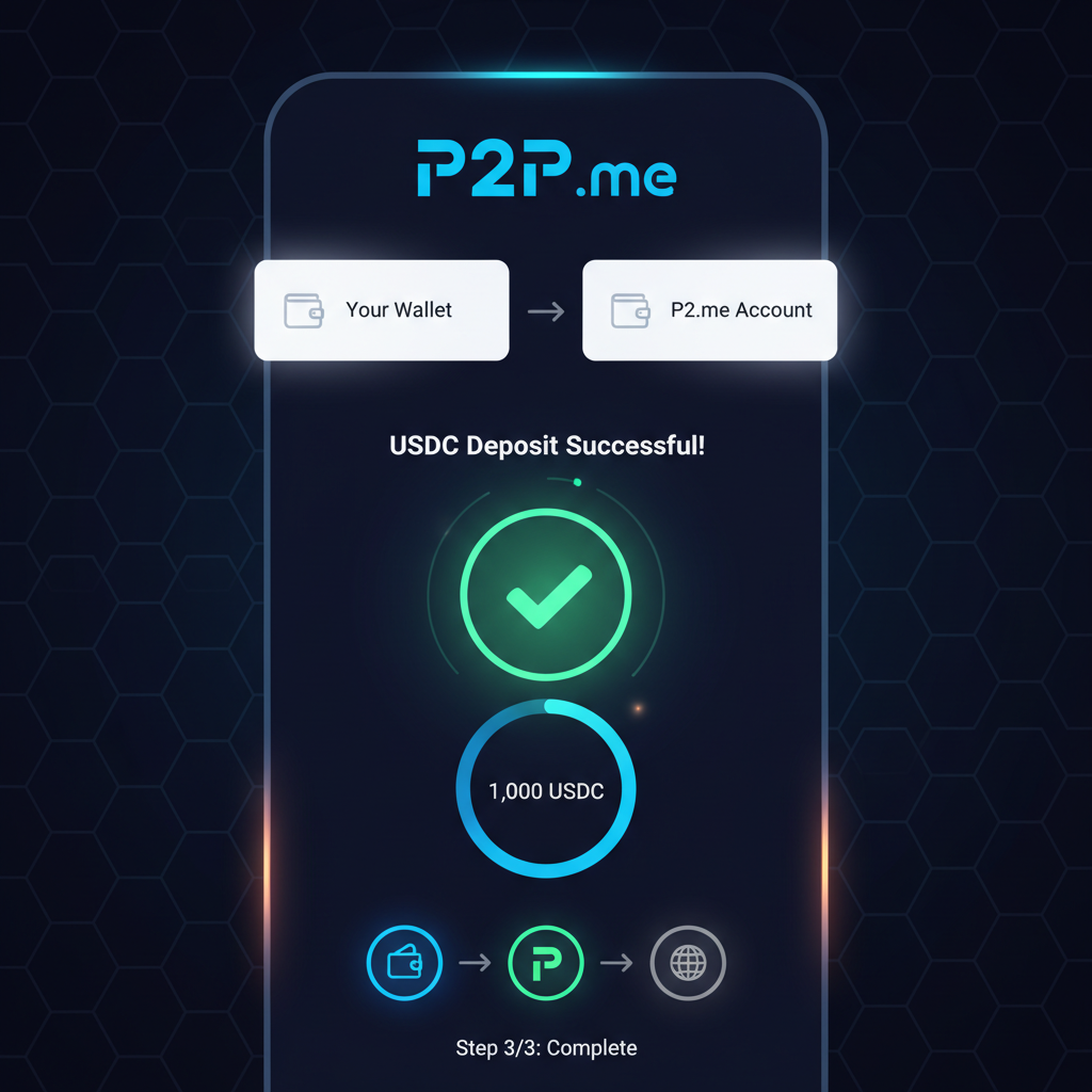 sleek mobile app interface connecting wallet depositing USDC to P2P.me, glowing green checkmark, futuristic crypto UI, clean minimalist design