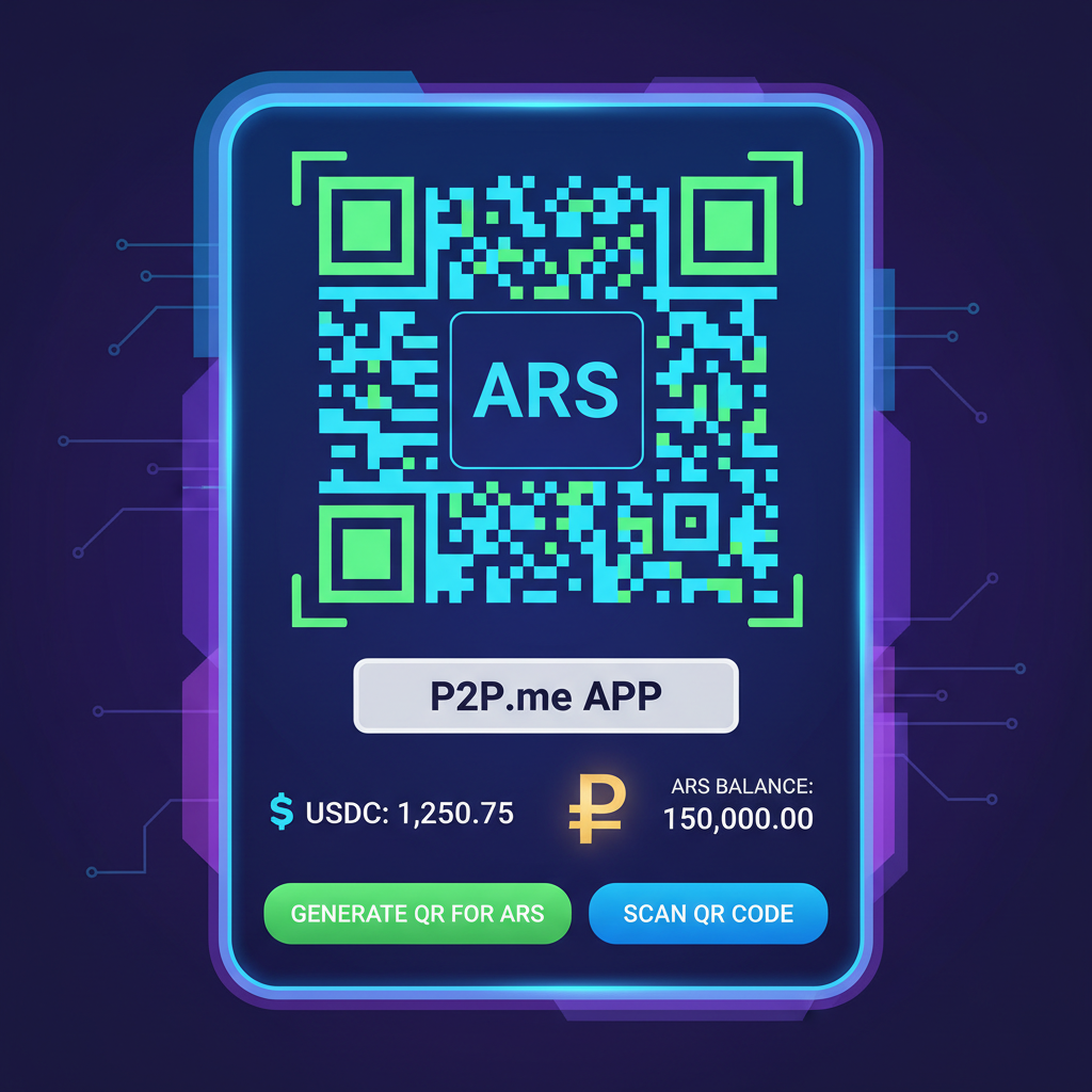 generating QR code for ARS in P2P.me app, USDC balance visible, high-tech screen with peso symbol, vibrant digital wallet interface