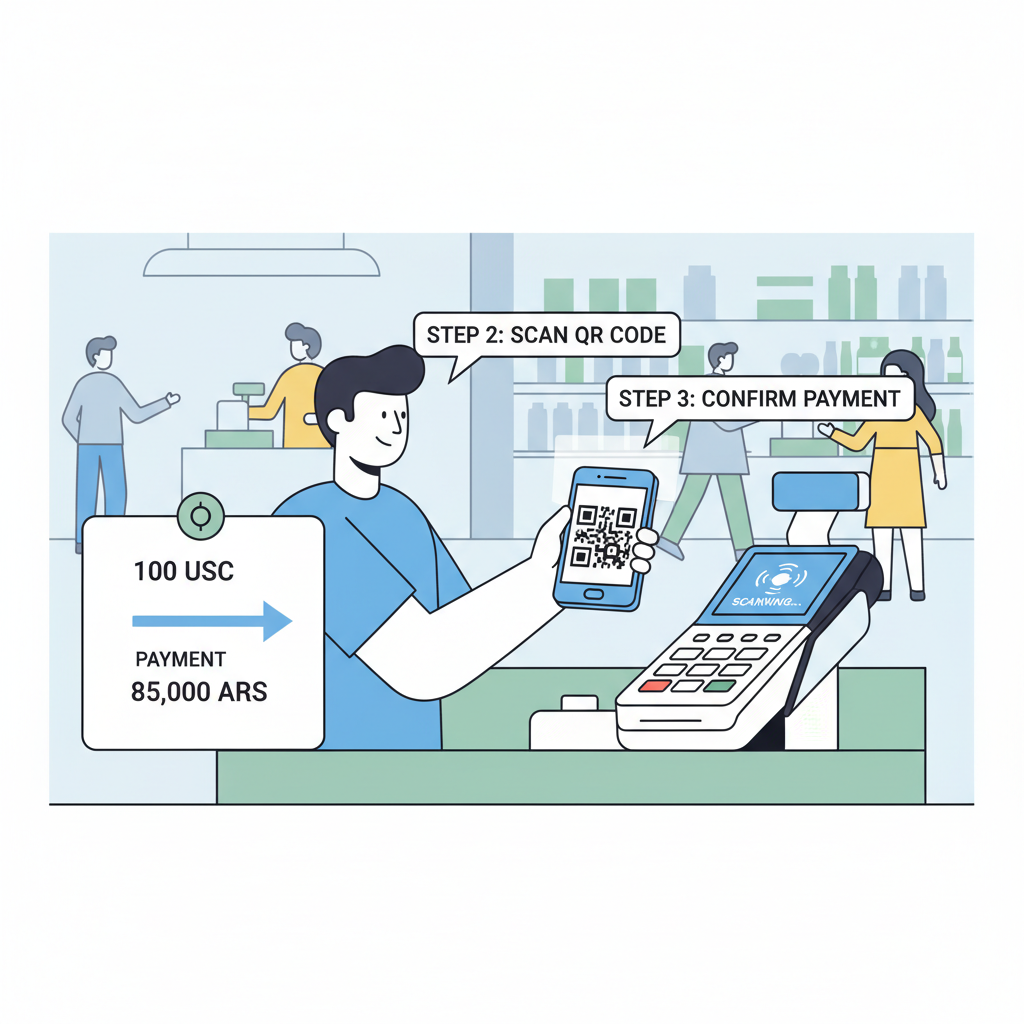 person at store counter scanning QR code with merchant POS terminal, USDC to ARS conversion graphic, busy retail scene, modern payment tech