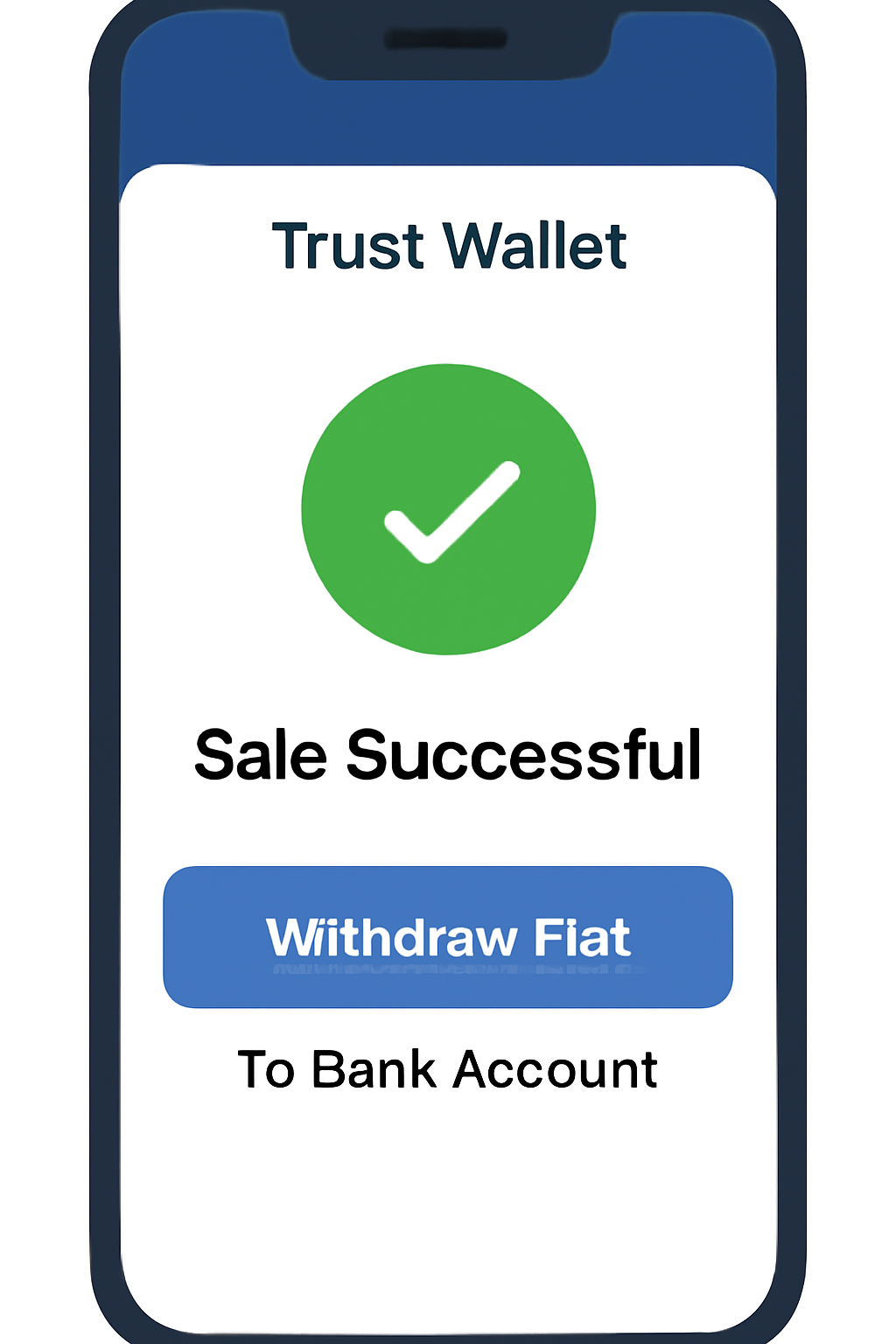 Trust Wallet showing a successful sale notification and options for withdrawing fiat to a bank account.