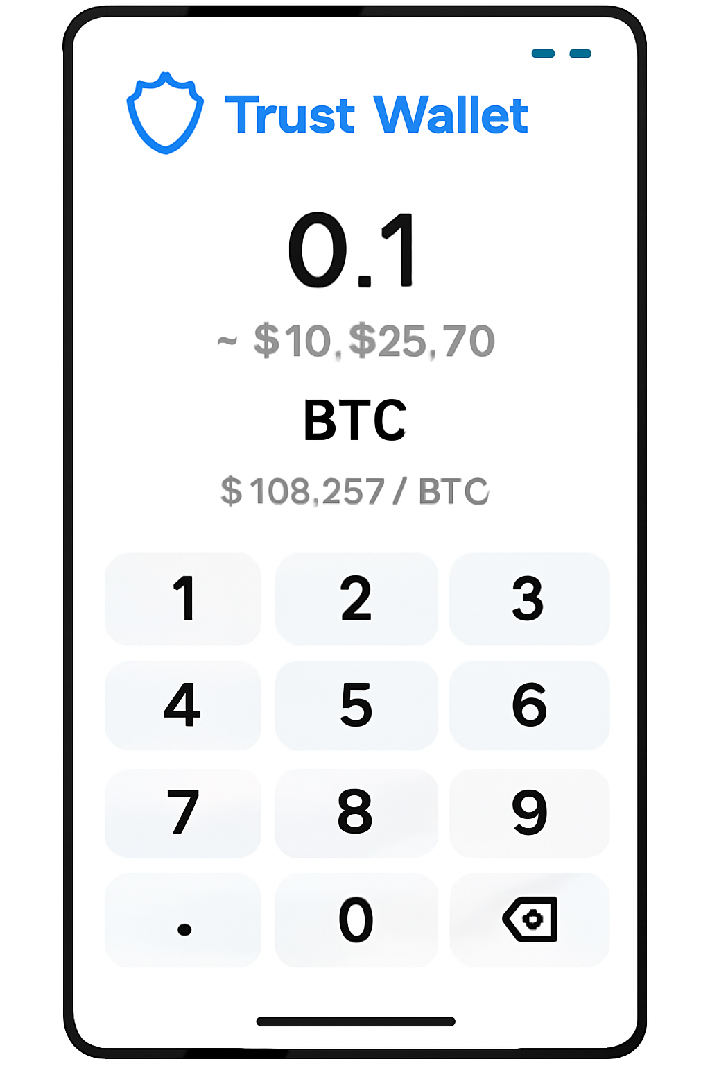 Trust Wallet interface with a numeric keypad, entering a BTC amount, and showing the equivalent in USD at $108,257 per BTC.