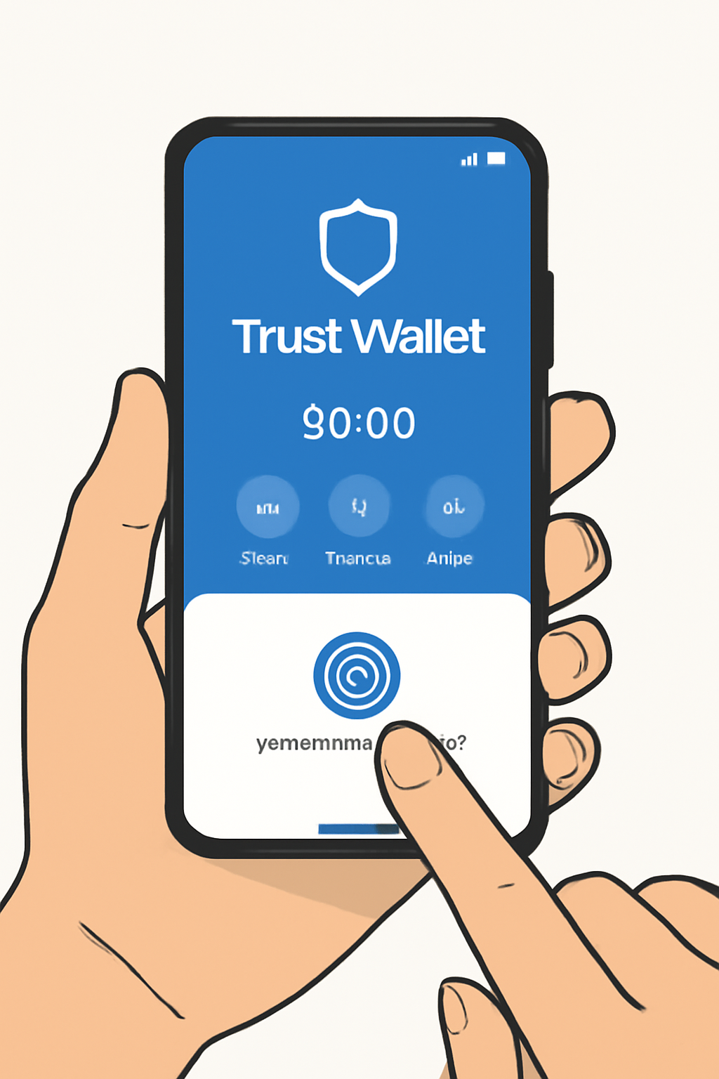 A smartphone displaying the Trust Wallet app home screen with a finger about to unlock it using fingerprint authentication.