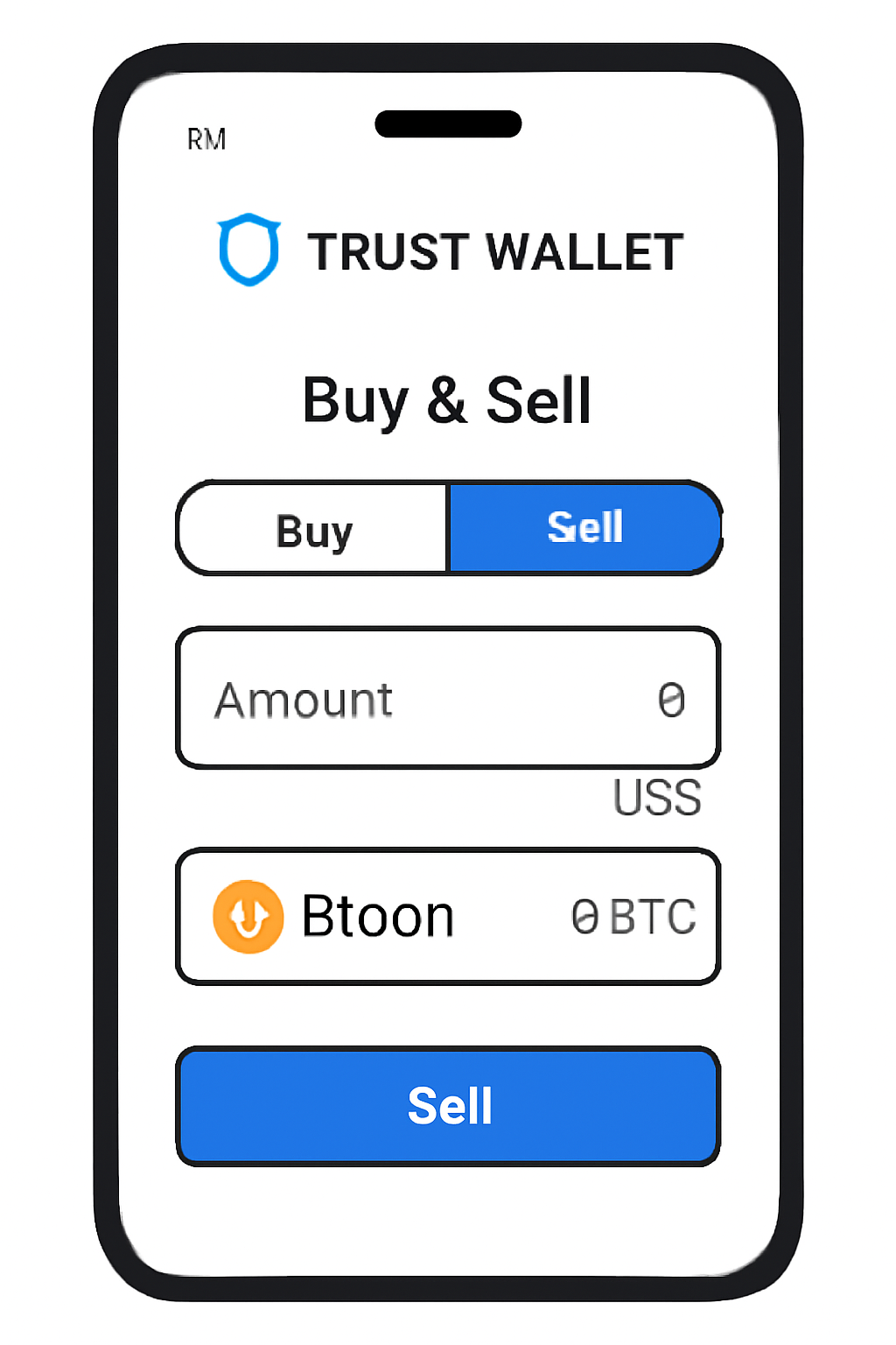 Trust Wallet app interface showing the Buy & Sell section with the 'Sell' tab selected and highlighted.