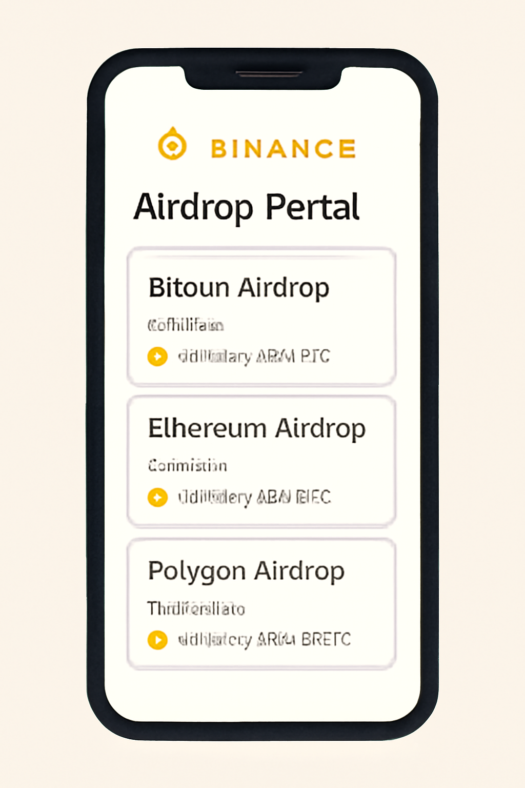 A phone screen showing the Binance Airdrop Portal with a list of ongoing and upcoming airdrops, highlighting eligibility criteria.