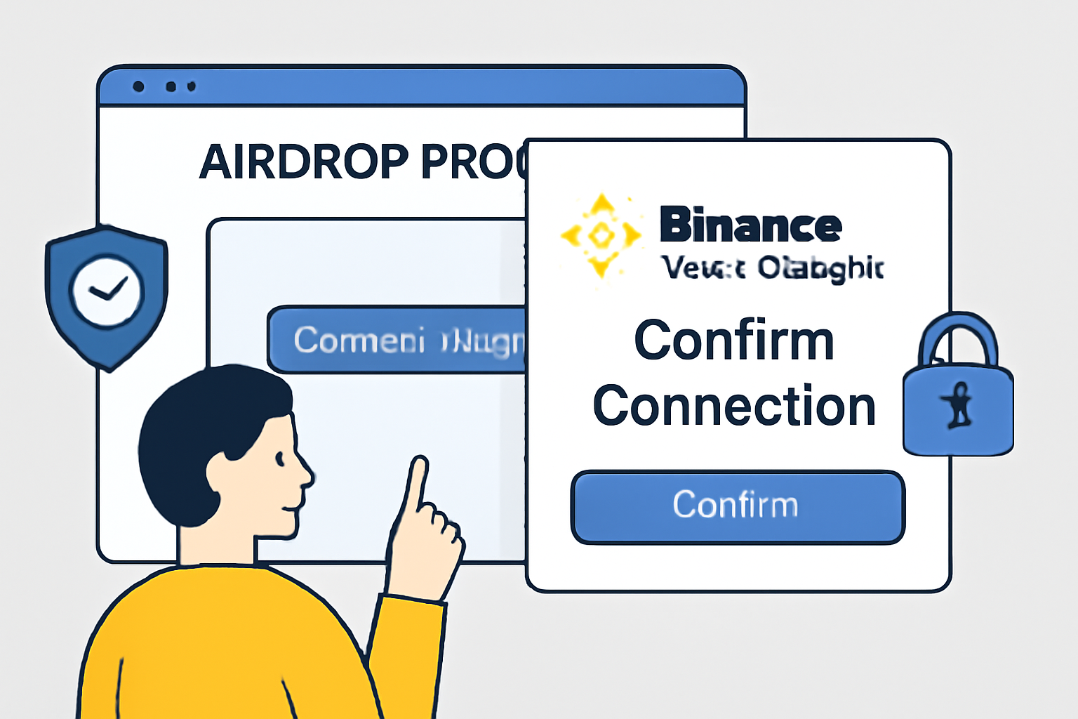 A user connecting their Binance Web3 wallet to a secure airdrop project website, with security icons and a confirmation popup.