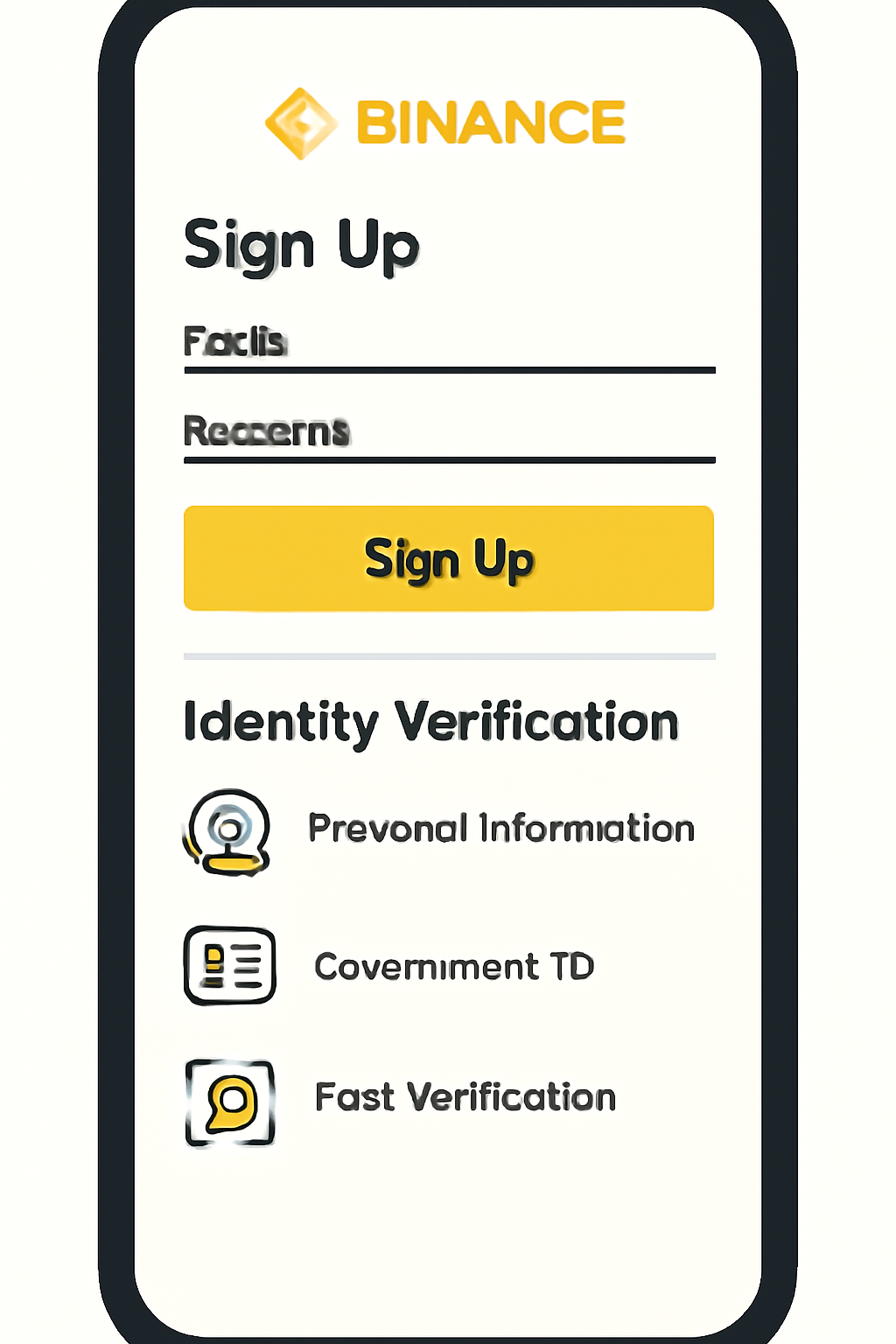 A smartphone displaying the Binance app signup and verification screens, with a focus on identity verification steps.