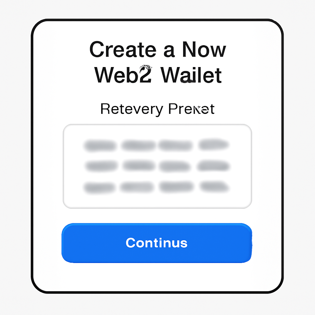 A screen displaying the creation of a new Web3 wallet with a visible recovery phrase (blurred for security).