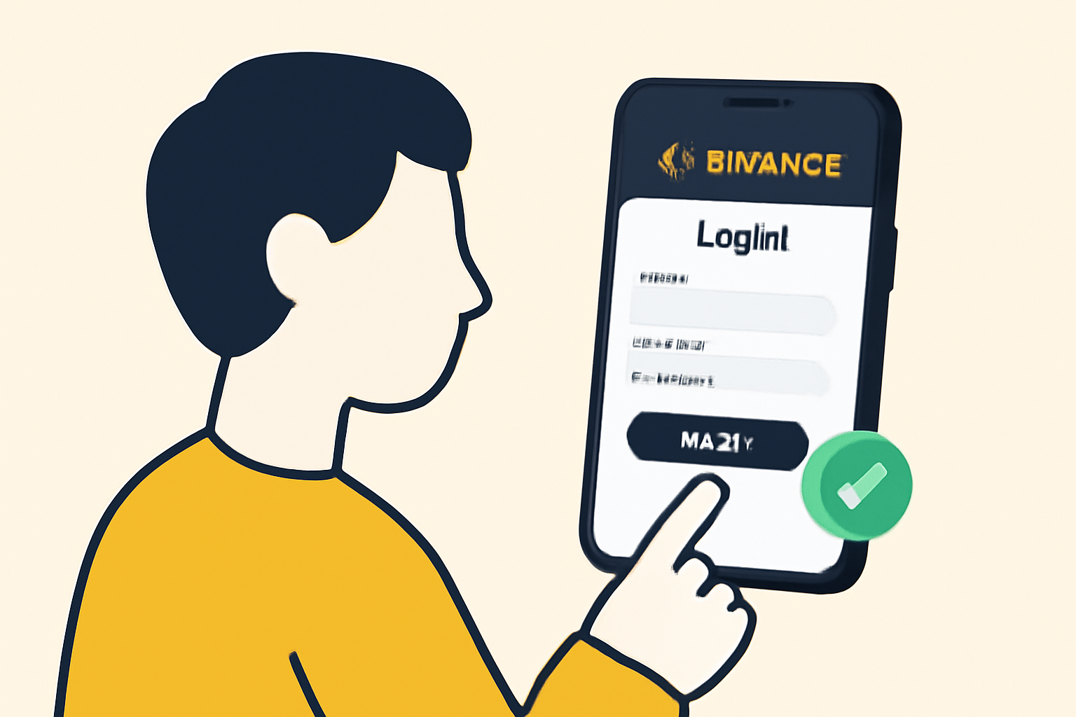 A user entering login details on the Binance app, with a verification checkmark.