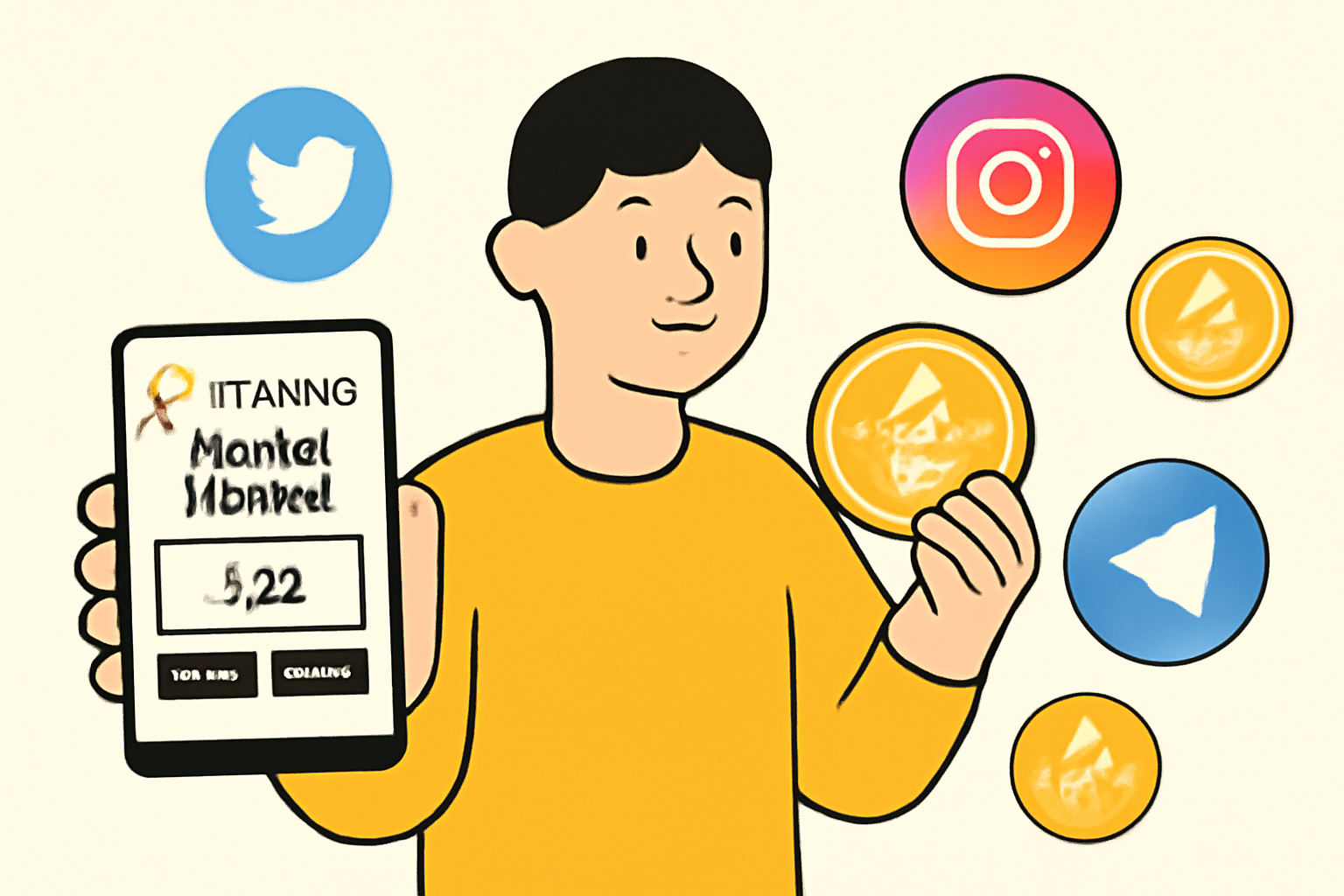 A user completing social media tasks and holding tokens in their Binance Web3 wallet, with icons representing social platforms and tokens.