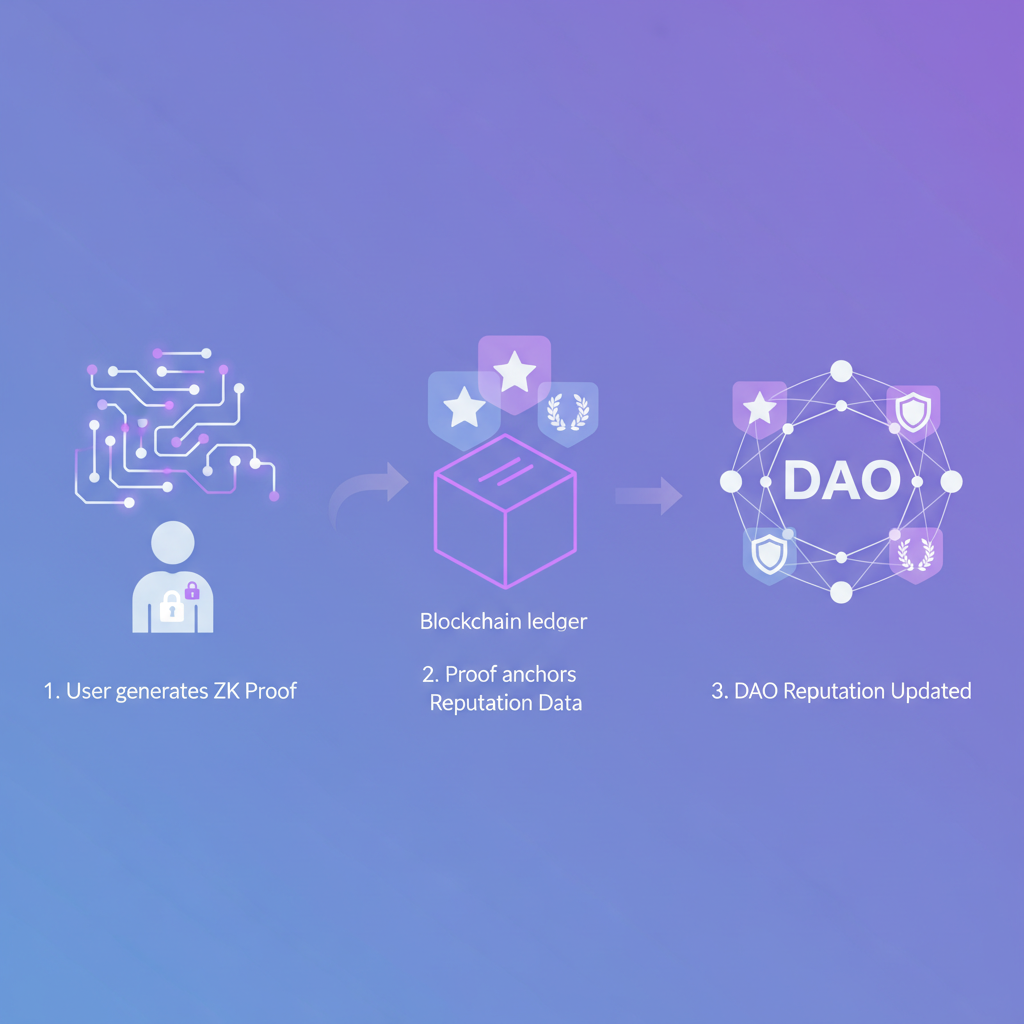 zero-knowledge proof anchoring DAO reputation on blockchain, abstract ZK circuits and reputation badges, ethereal purple gradients