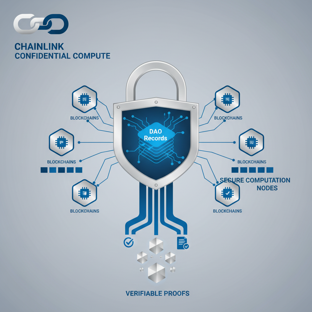 Chainlink Confidential Compute auditing DAO records, secure computation nodes linked to blockchains, verifiable proofs emerging, metallic silver and blue
